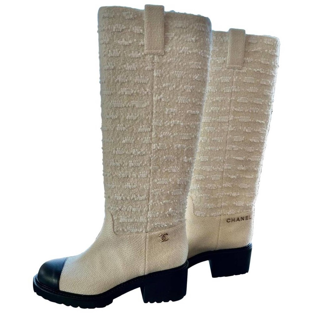 Tweed and calfskin high boot